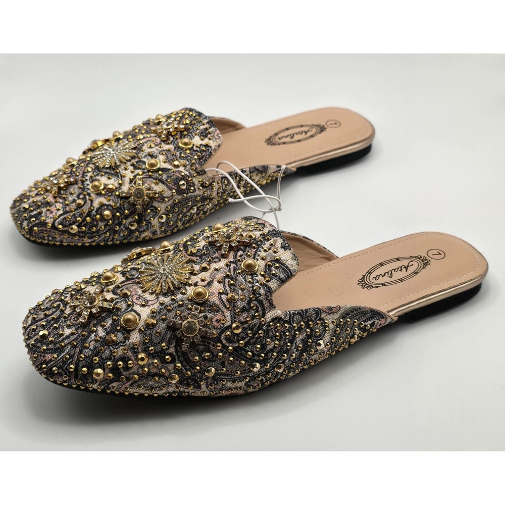 Ambla Embellished Paisley Mule Flats Women's Size 7 Gold Studded Slip-On Loafers - Picture 3 of 7